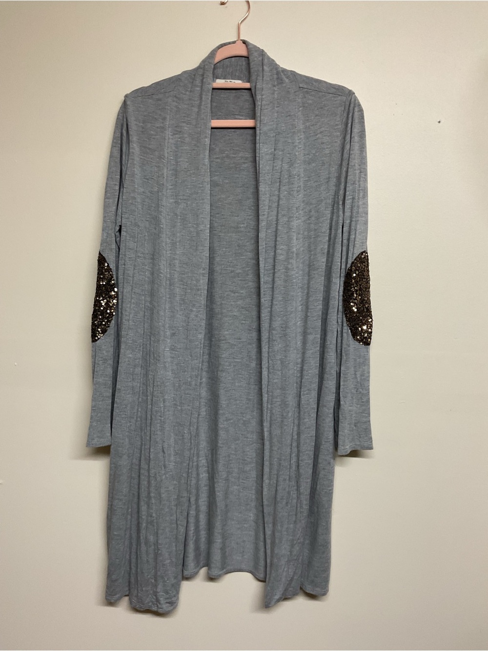 Gray Open-Front Cardigan with Sequin Elbow Patches